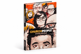 A hardcover book titled 'Church People' by Ethan Nicolle, featuring a stylized illustrated cover with multiple human faces in black, orange, beige, and white tones, shown standing upright on a white background.