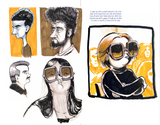 A printed art portfolio page featuring hand-drawn caricature sketches of people wearing oversized sunglasses, alongside a short text reflection on the upper right.